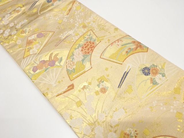 扇散らしに牡丹・菊・桐模様織り出し袋帯